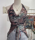 Fongt Shooting Holiday Wind Hanging Neck Collar Collar Tidling Strap Sling Vest Tie Mesh Yarn Short Sleeveless Top 9926