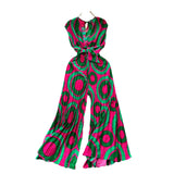 Fongt Ins Wear A Female Senior Sense Sleeveless V-Neck Tie Strap To The Belt Print Loose Broad Legs 100-Folded Jump-Fitting Trousers