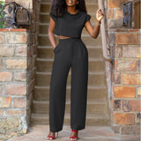 Women Pants Sets 2022 Female Casual Solid Color Round Neck Short Sleeve Tops High Waist Zipper Pants Office Long