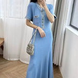 Fongt Escuse Side Spliced Round Collar Metal Buckle Knit Dress Women's Elastic Tights On The Ass