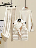 Warm 3 Piece Sets Womens Outfits Office Ladies Turtleneck Knitted Sweater+woolen Parkas Vest+wide Leg Knitting Pants