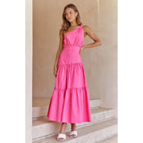 Fongt And Summer 2023 New Single Shoulder Knot Solid Color Fresh And Sweet Long Dress 22004-Outfit