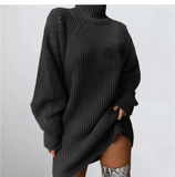 and Winter New Women's Knitwear Pullover Mid-length Raglan Sleeves Half Turtleneck Sweater Dress Loose and Soft-Outfit