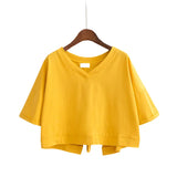 Fongt Summer Pure Color Back Splicing Fork V-Neck Loose Short Jacket Female Student Strap Short Sleeve T-Shirt Women's