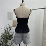 Fongt Self-Breasted Tector-Boo-Tie Baroque Lace Strapped Sling Vest Short Corset 8832