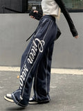 Korean Style Letter Print Blue Joggers Sweatpants Women Y2K Striped Wide Leg Sports Pants Oversize Harajuku Retro