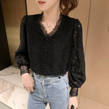 4XL New Lace Blouse Women Korean Hollow Out V Neck Long Sleeve Shirt Ladies Spring Crochet Lace Solid Tops Blusa