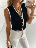 Fongt 2025 Women's Flower Decoration Single-Billed Casual Knitted Vest Sweater
