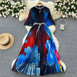 Fongt Women's Niche Elegant Dress New Hollow Nail Ball Neck-To-Celing Waist-Print Folding Long Skirt