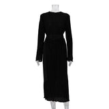 Fongt Women's Wear 2023 New Long Sleeve Belt Pleated Dress Temperament Commuting High Sense Loose Skirt-Outfit