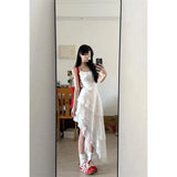 Fongt Korean Holiday Style White Lace Splicing Sling Dress Women's 2025 Summer Irregular Cake