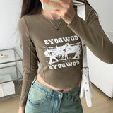 Shoulder Round Collar Long-Sleeved T-Shirt Women's Early Autumn New High-Waisted Spicy Girls Short Style Undershirt-Outfit