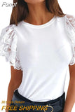Women Butterfly Short Sleeve Tshirts Summer Lace Cotton T-shirt Tops Casual O Neck Tee Tops Slim Mesh Chiffon White Lady