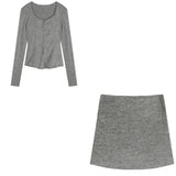 Autumn Sexy 2 Piece Dress Set Elegan Casual Long Sleeve Knitted Suits Y2k Crop Tops + Bodycon High Waist Mini Skirt Korean-Outfit