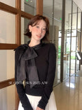 Fongt Xixi 2025 Autumn White Standard Korean Version Of Elegant Temperament Solid Color Tie With Thin Knitted Shirt Top Lady 89539