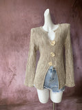 Fongt Mocha Lazy Wind French V Neck Slit Sweater Women's New Autumn Design Sense Top Button Sweater-Outfit