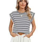 2024 New Round Collar Solid Color Shoulder-Inserted Sleeve Casual T-Shirt-Outfit