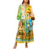 Fongt Women's Temperament Print Lantern Sleeve Belt Shirt Dress Dress Woman