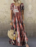Fongt Summer Dress Wish Round Collar Short Sleeve Tie-Dye Print Skirt Big-Outfit