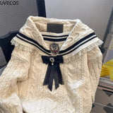 Winter Preppy Style JK Knitted Sweaters Women Sweet Lace Sailor Collar Bow Pullovers Retro Y2k Thickened Warm Jumper Coat-Outfit