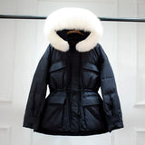 Huge Real Raccoon Fur Hooded Waterproof Winter Duck Down Jacket Women Fashion Female Parkas Sash Tie Up Puffer