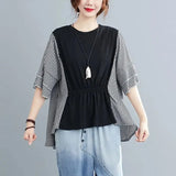 Plaid Patchwork Loose T-shirt Women's Clothing Summer Half Sleeve Casual All-match Shirring Stylish O-Neck Pullovers-Outfit