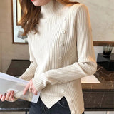 New 2021 Autumn Winter Women Sweater Knitted Multi Colors Buttons Korean Style Wild Lady Slit Pullovers Tops