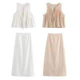 Fongt Women's ZA Summer New Fashion 100-Fold Cotton Shirt Skirt Set