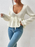 Fongt V-Neck Drawstring With Lotus Leaf-Side Skirt Knitted Head Sweater