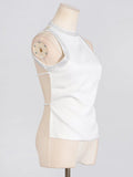 Fongt New Female Temperament Dress-Up Round Collar Sleeveless Back Hot Diamond Design Vest Top