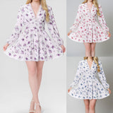 Fongt Women's Wear Temperament Sweet Floral High Waist Slim V Collar Short Long Sleeve Winter
