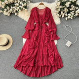 Fongt Sexy Solid Color V-Neck Pleated Flounce Flared Sleeve To The Dress-Outfit