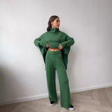 Fongt High-Neck Open Fork Wool Sweater Set Women's Loose Casual Lazy Knitting Trousers Two-Piece
