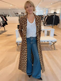 Fongt Autumn And Winter New Hot Women's Suit Collar Leopard Print Jacket Casual Long Wind Coat