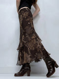 Fongt New Vintage Niche Retro Print Double-Layer Waveside Low-Rise Thin Half-Dress Skirt