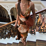 Fongt Summer Women's New Retro Temperament Collar Color Print High-Waisted Long Dress