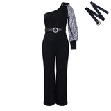 Fongt With Belt Women's Slanted Shoulder Sexy Waist Temperament Broad Leg Size Jumpsuit
