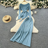 Fongt Temperament Wears A Female Autumn And Winter Design Sense Of Irregular Strap To The Waist Long-Sleeved Knitted Shirt + High Waist Half-Dress