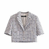 Women Summer Tweed Plaid Blazers Short Coat Vintage Short Sleeve Female Outerwear And High Waist Casual