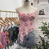 Fongt Shoot 辣tie Bra Irregular Sling Sling Vest Slimming Print Mesh Sleeveless Top 8950
