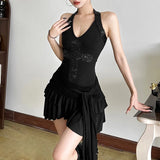 Fongt Summer New Women's Hottie V-Neck Hanging Neck-Deck Mesh Splicing Slit Tight Dress Woman