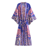 Bohemian Women Blue Space Moon Flower Print Kimono Shirt BOHO Beach Tide Bow Sashes Maxi Long Cardigan Blouse Holiday