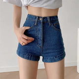 Trendy Women's Wear New Retro High-Waisted Crimped Solid Color Denim Shorts Loose Summer Skinny Buttocks Hot Pants-Outfit