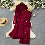Fongt Senior Sense Loose External Medium And Long Knitted Cardigan Jacket + Sleeveless Metal Buckle Joint Skirt