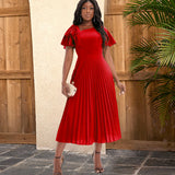 Fongt Multi-Color Lotus Leaf Sleeve Pressure Skirt Dress 100 Folds Short Sleeve Dress Elegant Dress