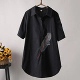 Arrival Women Feather Embroidery Long Cotton White Blouse Summer Short Sleeve White Female Shirt Turn-Down Collar Top