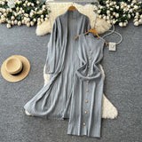 Fongt Senior Sense Loose External Medium And Long Knitted Cardigan Jacket + Sleeveless Metal Buckle Joint Skirt