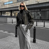 Fongt Women's ZA Autumn And Winter New Slad Zipper Belt Collar Leather PU Jacket