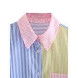 Women‣s Fresh Girlish Style Button Down Oversized Shirts Long Sleeve Striped Print Color Block Loose