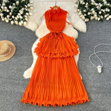 Fongt Luxury High-End Feeling Sleeveless Dress Women's Summer Lotus Leaves Side Waist Temperament Niche Chic Beautiful Long Dress